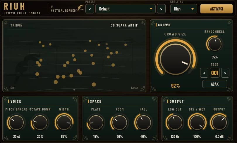 Tampilan plugin RIUH: tribun kerumunan, knob Crowd, Voice, Space, dan Output